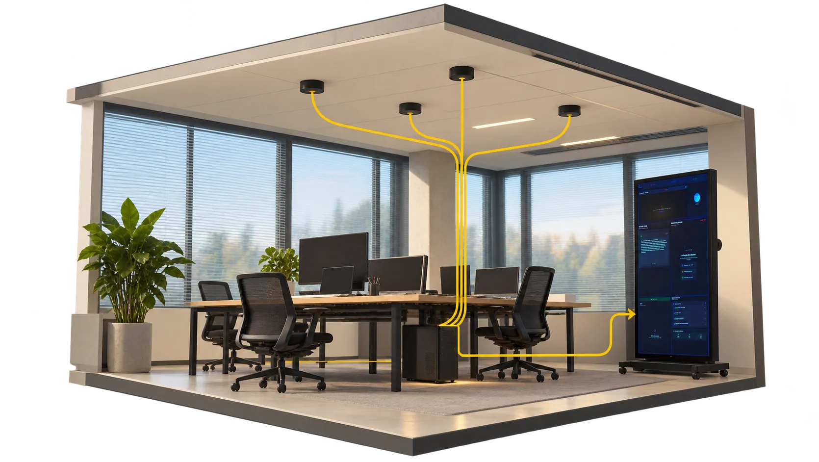 Cutaway illustration of an office with ceiling microphones connected to a local computer and a shared portrait display.