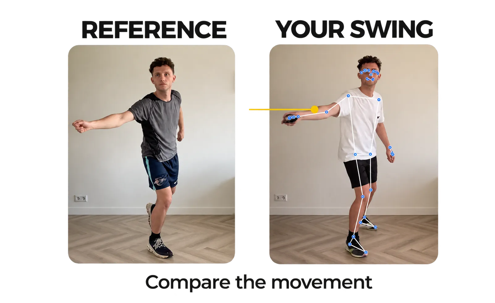 Two photographic backhand captures labelled REFERENCE and YOUR SWING. The participant has tracked body landmarks and a yellow elbow marker. The supporting label reads Compare the movement.