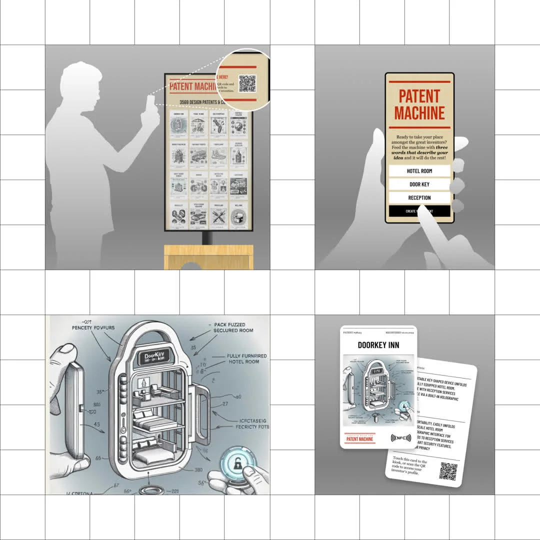 The Process: Scan QR code → input three words → receive technical drawing, 3D model,...
